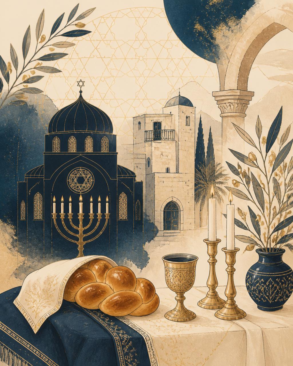 Illustration éditoriale de la vie juive : synagogue, table de Shabbat, challah et branche d'olivier